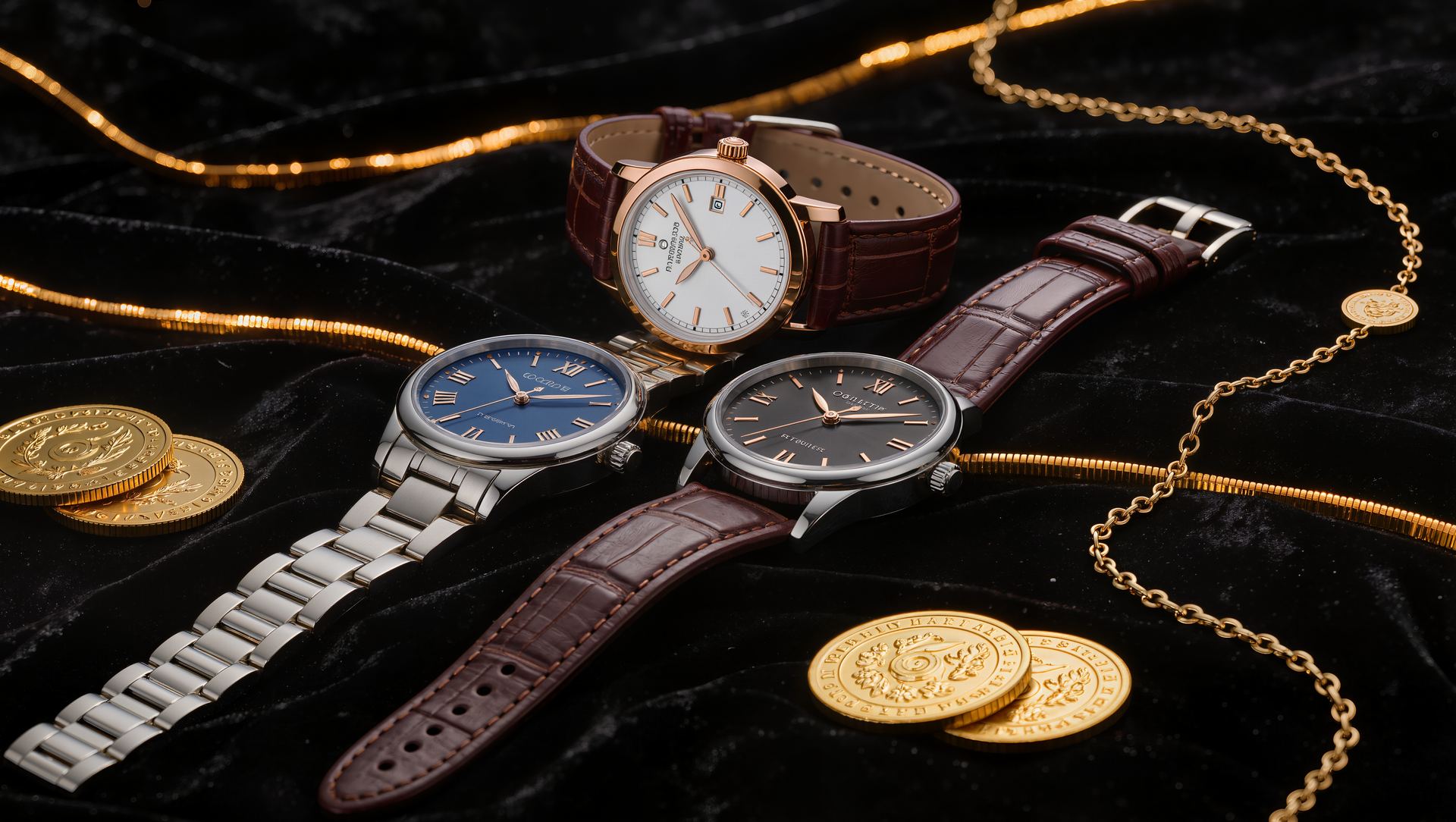 Luxusuhren, Gold und Schmuck stilvoll arrangiert
